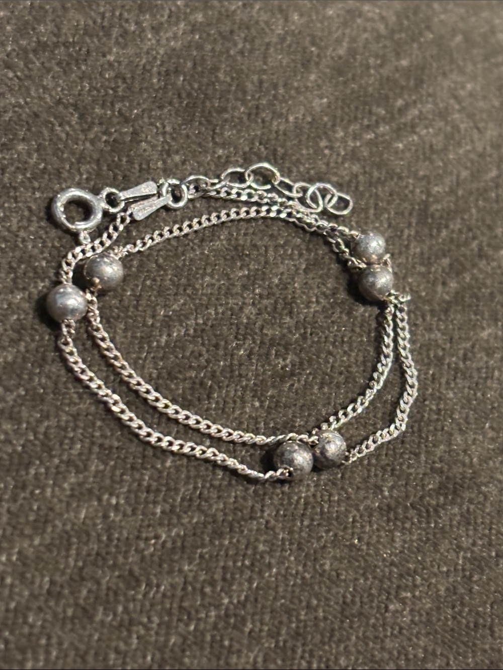 .925 Sterling Silver Bead Station Bracelet / Anklet Curb Link Vintage Vntg Vtg